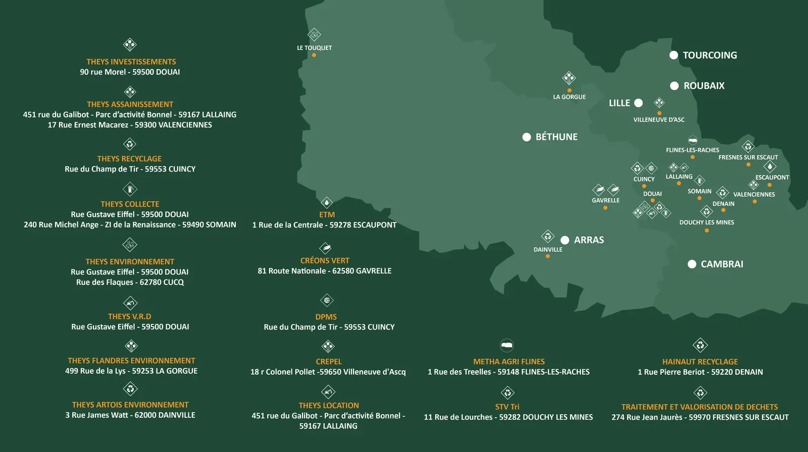 Carte des implantations du Groupe THEYS dans le Nord et le Pas-de-Calais