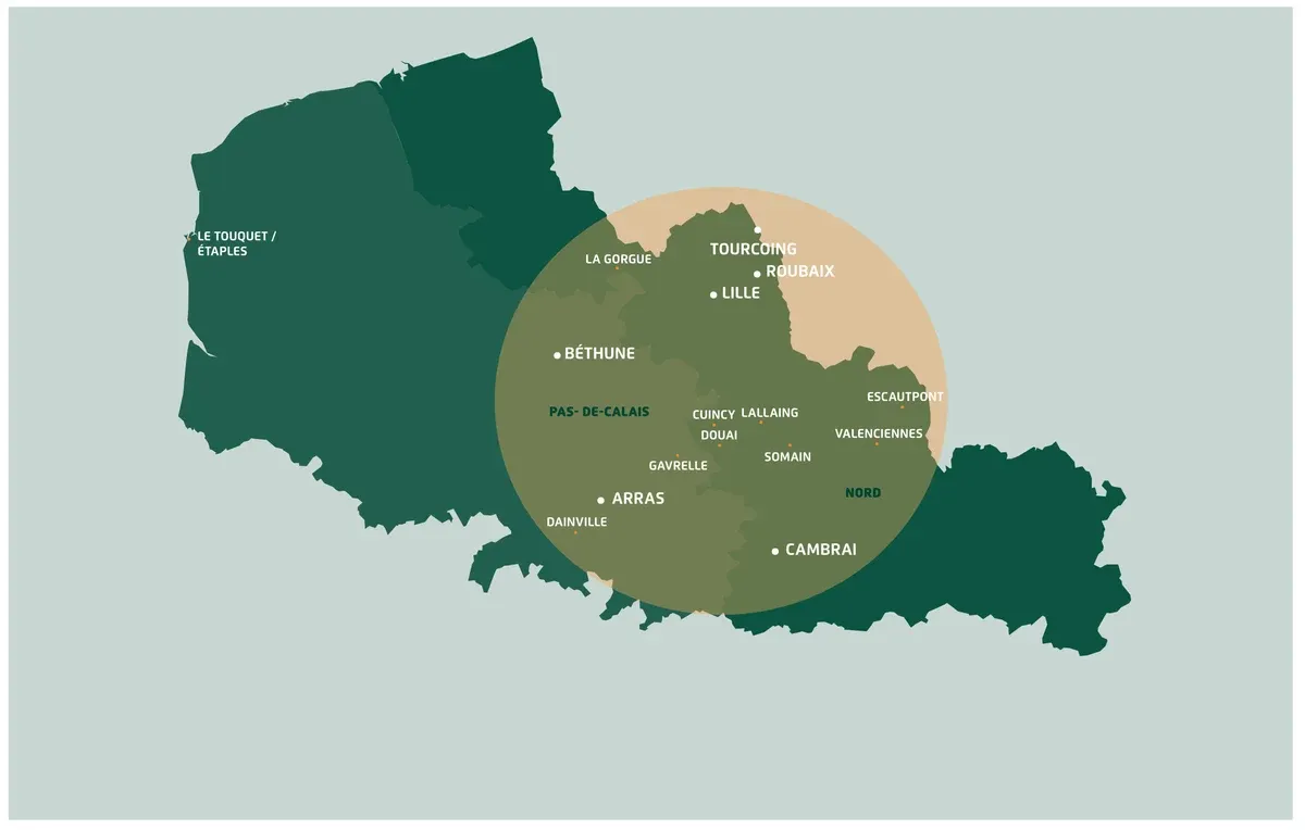 Carte des zones d’intervention THEYS dans le Nord et le Pas-de-Calais : Lille, Douai, Valenciennes, Arras, Cambrai, Béthune, Le Touquet